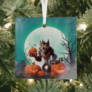 Halloween werewolf and pumpkins glass ornament