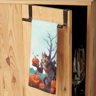 Halloween werewolf and pumpkins kitchen towel