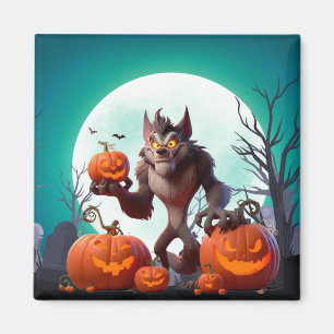 Halloween werewolf and pumpkins magnet