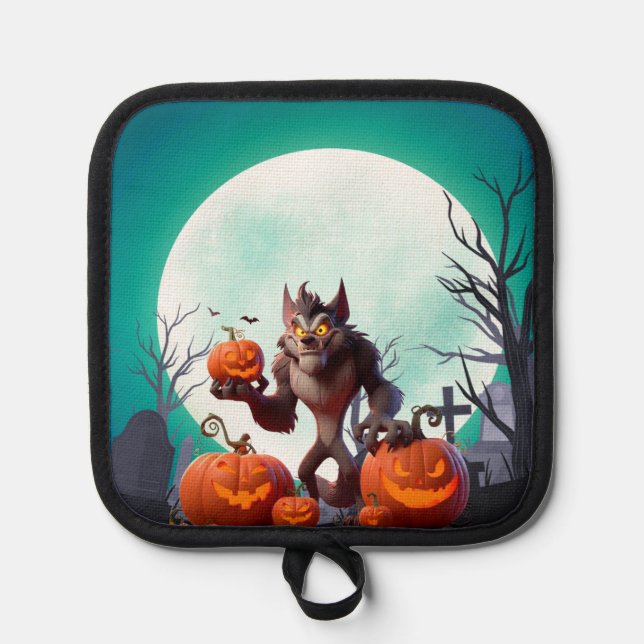 Halloween werewolf and pumpkins pot holder (Front)