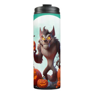 Halloween werewolf and pumpkins thermal tumbler