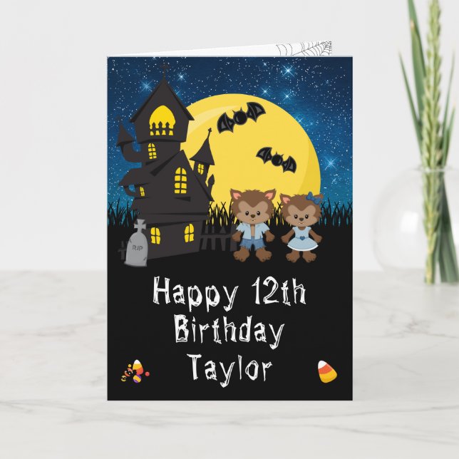 Halloween Werewolf Blue Happy Birthday  Card (Front)