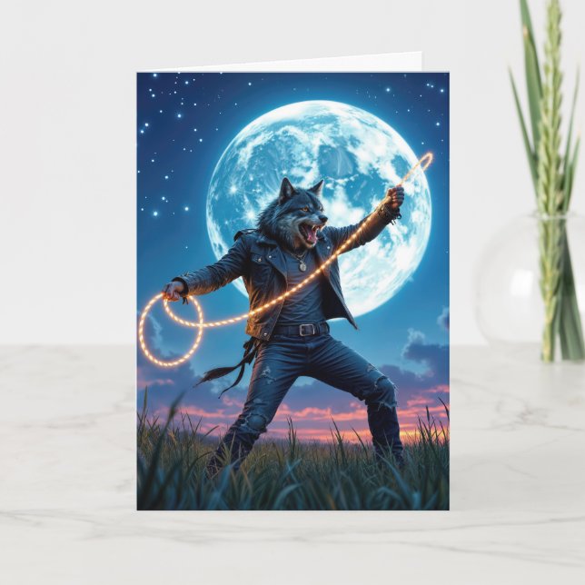 Halloween Werewolf Lassoing a Full Moon Card (Front)