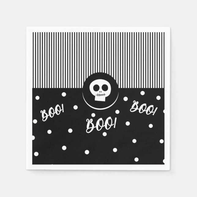 Halloween Whimsical Boo Skull Black & White Party Napkin (Front)