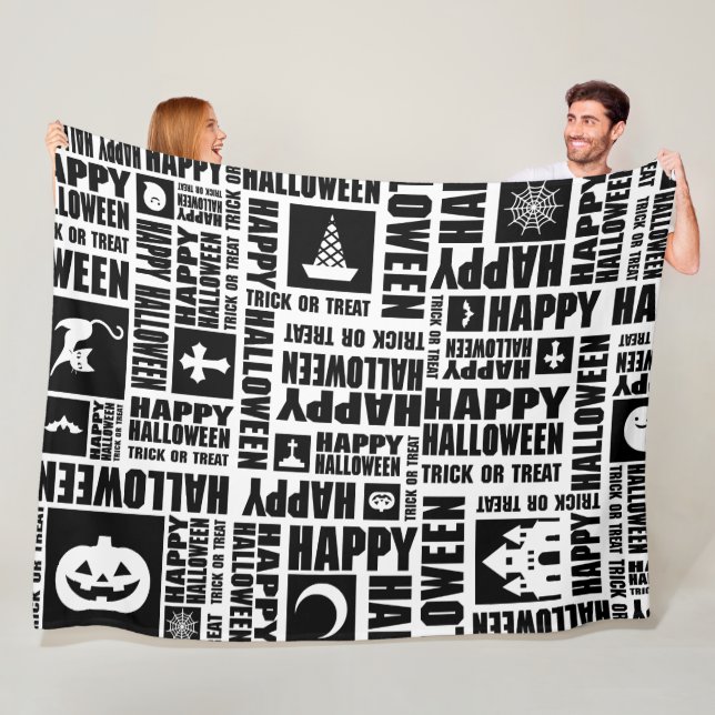 Halloween Whimsical Cool Typography Pattern Black Fleece Blanket (In Situ)