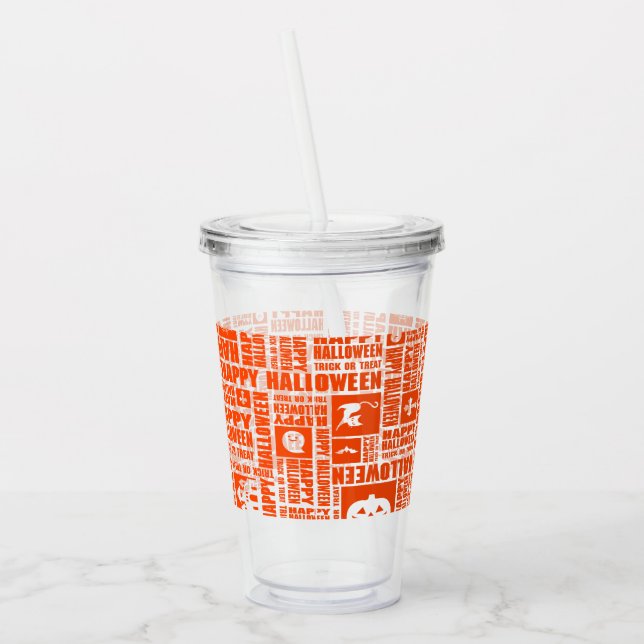 Halloween Whimsical Cool Typography Pattern Orange Acrylic Tumbler (Left)