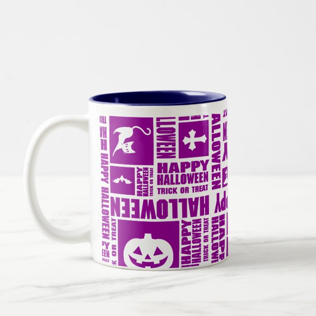 Halloween Whimsical Cool Typography Pattern Purple Two-Tone Coffee Mug (Left)