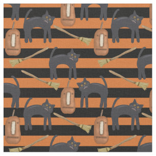 Halloween Whimsical Stripes, Cats, Pumpkins Fabric