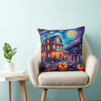 Halloween Whimsy: A Starry Night Tribute Throw Pillow