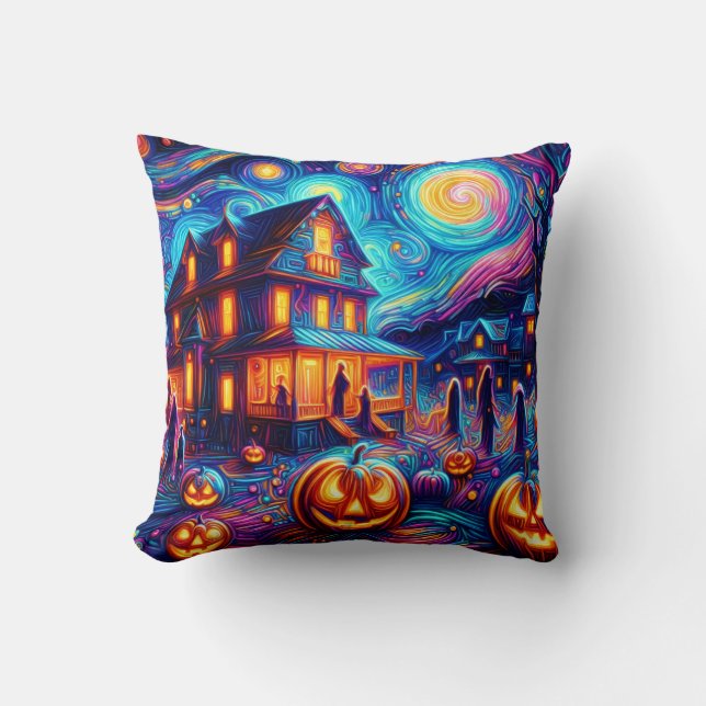 Halloween Whimsy: A Starry Night Tribute Throw Pillow (Front)