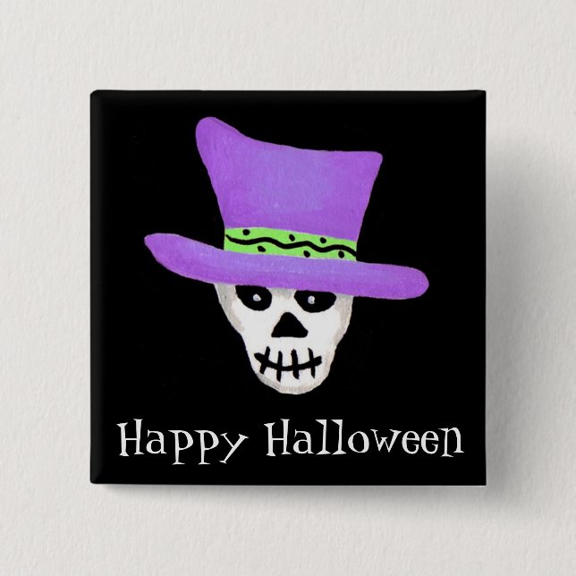 Halloween Whimsy Skeleton Skull Happy Halloween 2 Inch Square Button (Front)