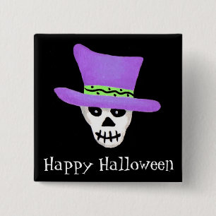 Halloween Whimsy Skeleton Skull Happy Halloween 2 Inch Square Button