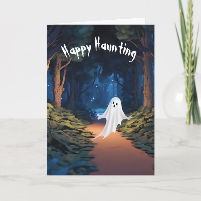 Halloween White Ghost In Forest Holiday Card (Front)