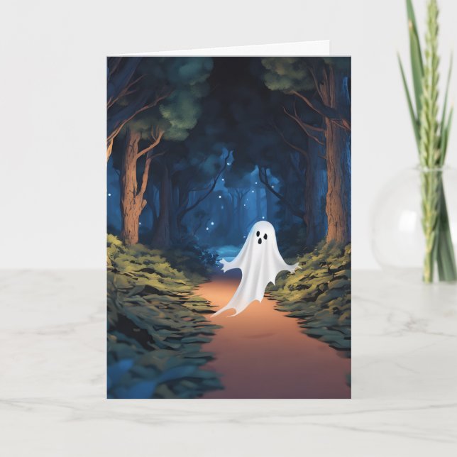 Halloween White Ghost In Forest Holiday Card (Front)