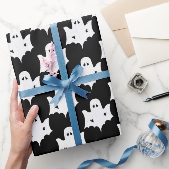 Halloween White Ghost Silhouette Pattern - Black Wrapping Paper (Gifting)