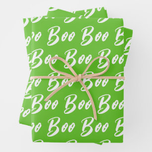 Halloween white green boo text pattern wrapping paper sheet