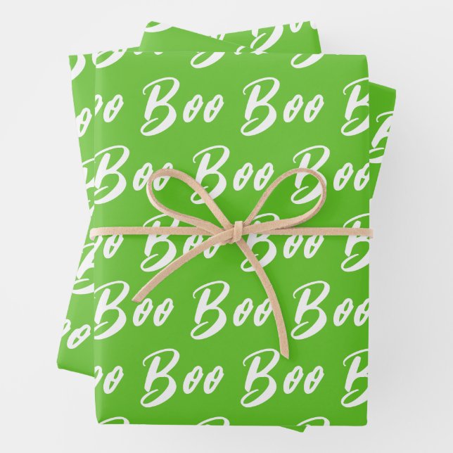 Halloween white green boo text pattern wrapping paper sheet (In situ)