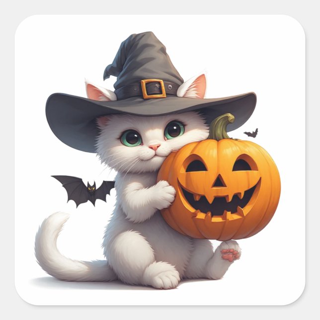 Halloween White Kitten Jack O Lantern Pumpkin 🦇 Square Sticker (Front)