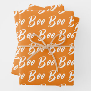 Halloween white orange boo text pattern wrapping paper sheet