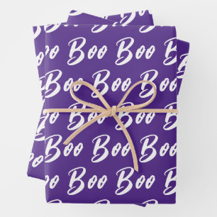 Halloween white purple boo text pattern wrapping paper sheet