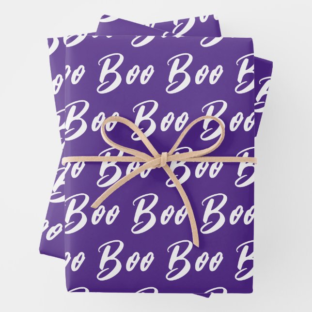 Halloween white purple boo text pattern wrapping paper sheet (In situ)