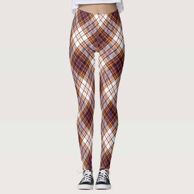 Halloween White, Purple & Orange Plaid Pattern Leggings (Front)