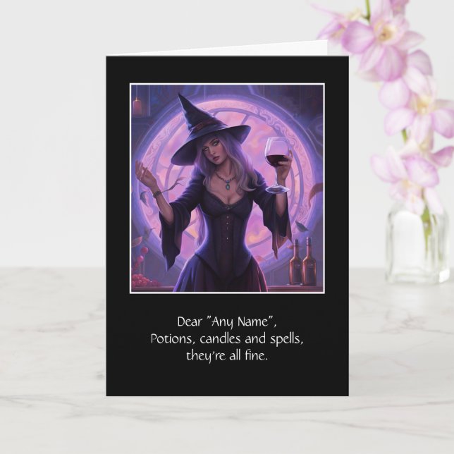 Halloween Wine and Pretty Witch Custom Name Card (Orchid)