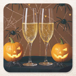 Halloween Wine Champagne Spiders Pumpkins Square Paper Coaster