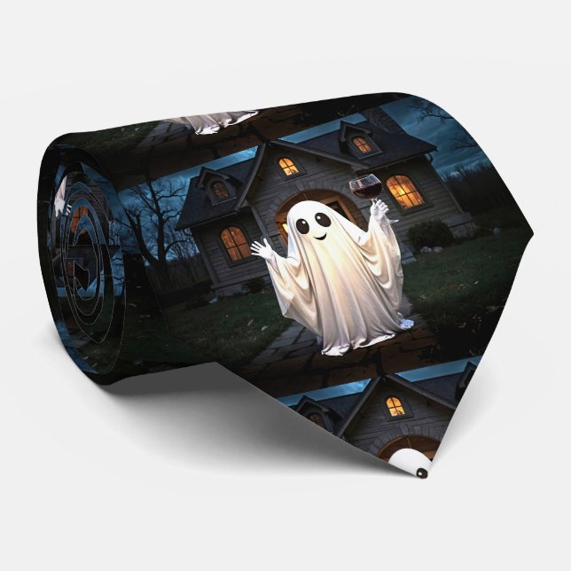 Halloween Wine Ghost Holiday Funny Cute Tie (Rolled)
