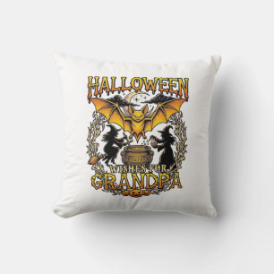 Halloween Wishes Grandpa Bat Witches Cauldron_1 Throw Pillow