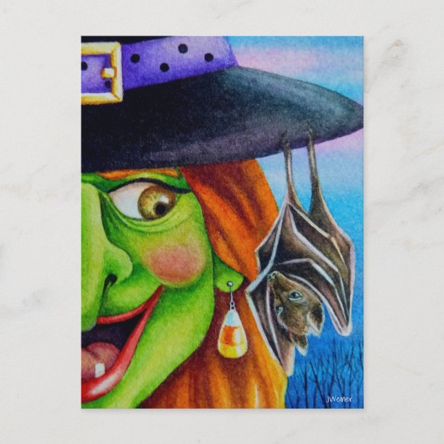 Halloween Witch and Bat Watercolor Art Postcard (Front)