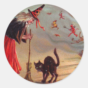 Halloween Witch and Black Cat Classic Round Sticker