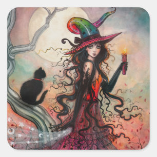 Halloween Witch and Black Cat Fantasy Art Square Sticker