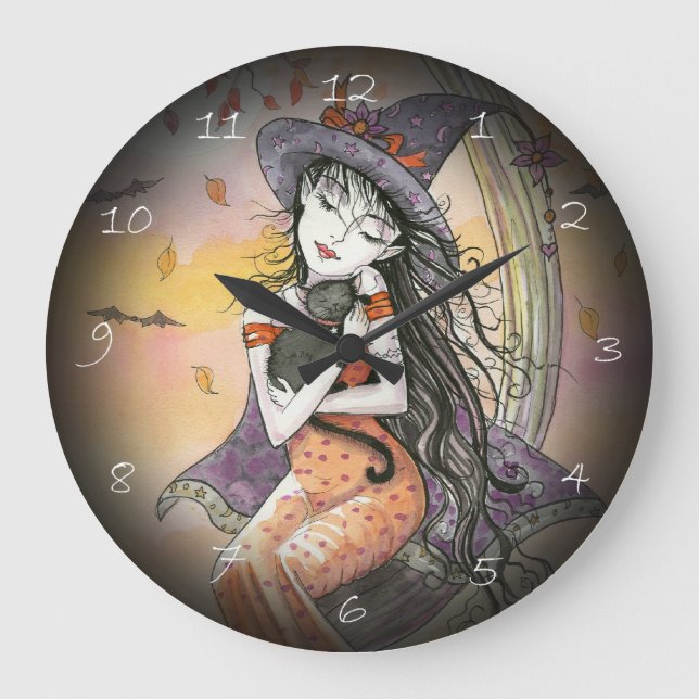Halloween Witch and Cat Fantasy Art Clock (Front)
