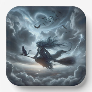 Halloween Witch and Cat On a Broom Paper Plate