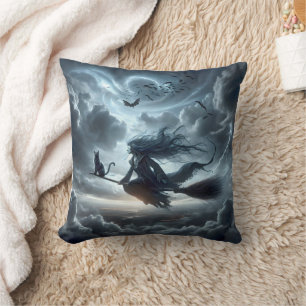 Halloween Witch and Cat On a Broom Throw Pillow