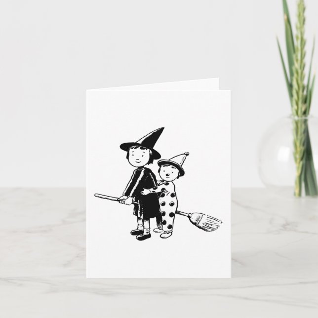 Halloween Witch and Clown Riding Broomstick Card (Front)