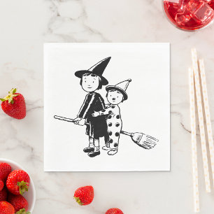 Halloween Witch and Clown Riding Broomstick Napkin