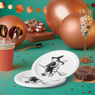 Halloween Witch and Clown Riding Broomstick Paper Plate