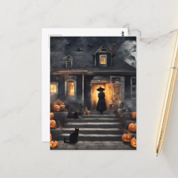 Halloween Witch and Haunted House Postcard