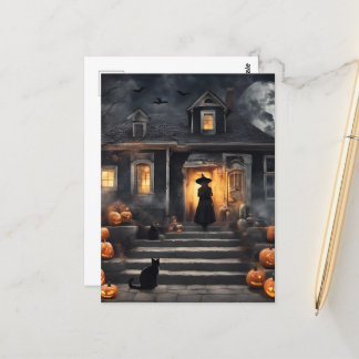 Halloween Witch and Haunted House Postcard