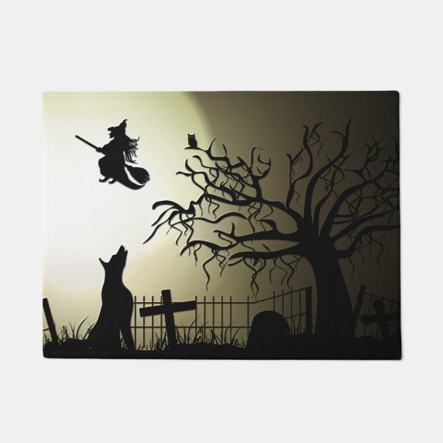 Halloween Witch and Howling Dog Doormat (Front)