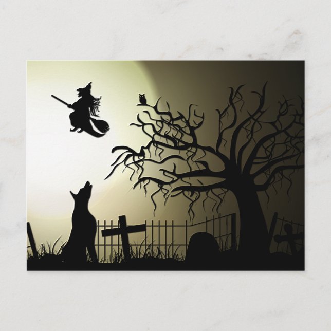 Halloween Witch and Howling Dog Postcard (Front)