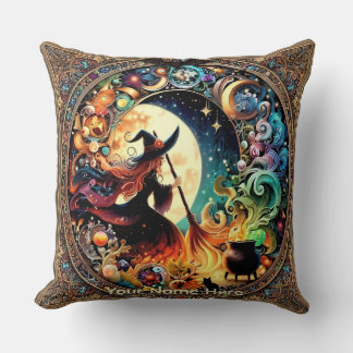 Halloween Witch and Magic Caldron Throw Pillow