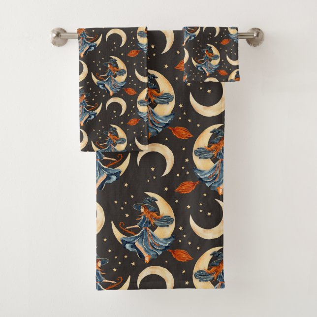 Halloween Witch and Moon Bath Towel Set (Insitu)