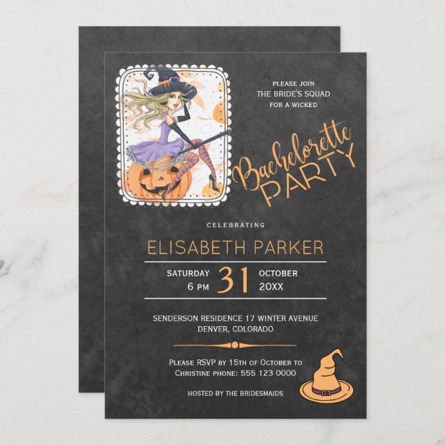 Halloween witch and pumpkin bachelorette party invitation (Front/Back)
