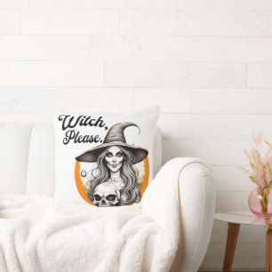 Halloween Witch and Skeleton Witch Please  Throw Pillow