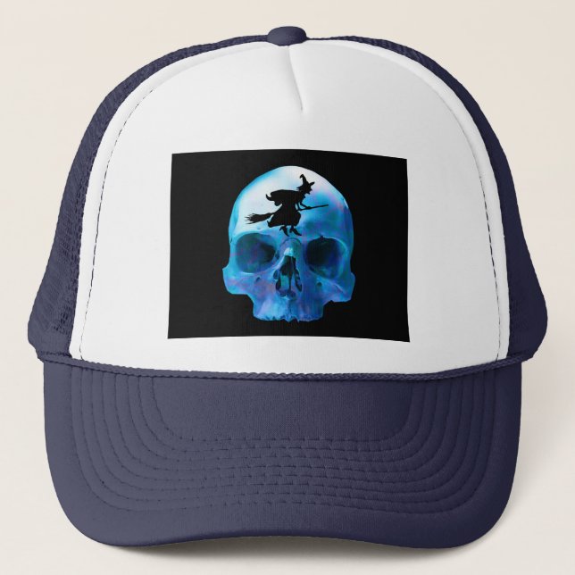 Halloween Witch and Skull Trucker Hat (Front)