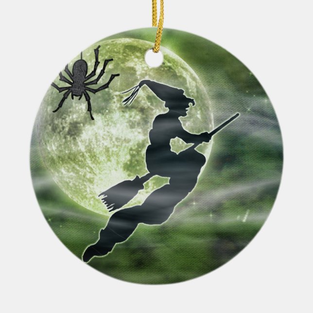 Halloween Witch and Spider Ceramic Ornament (Front)