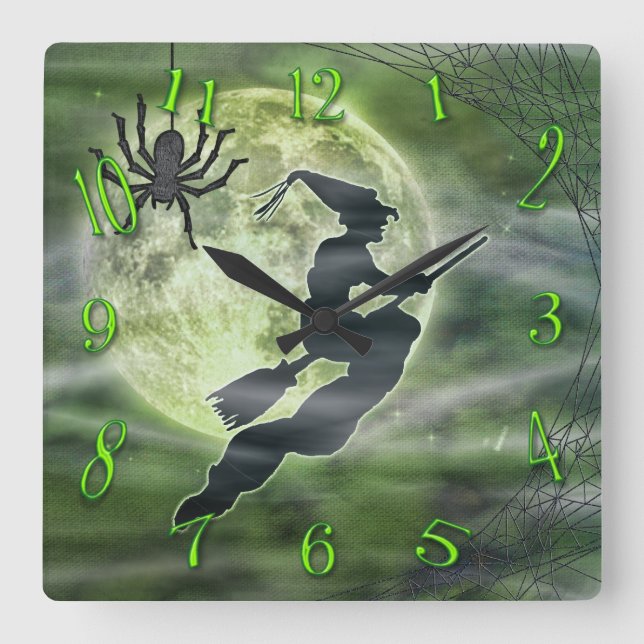 Halloween Witch and Spider Square Green Wall Clock (Front)